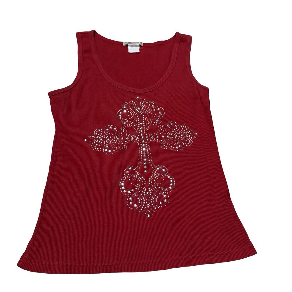 Rhinestone GOTHIC CELTIC CROSS Crystal Ladies Tank Biker rock and roll Medium